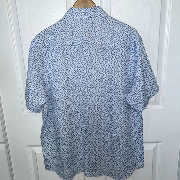 Michael Kors Linen Short Sleeve Button Down Shirt XL Slim Fit Blue White Floral - Picture 3 of 9